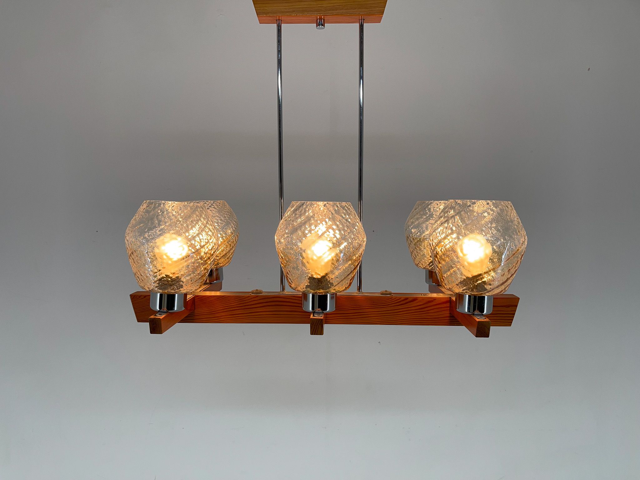 1970's Wood, Chrome & Glass Chandelier by Elektroinstala Decin, Labeled