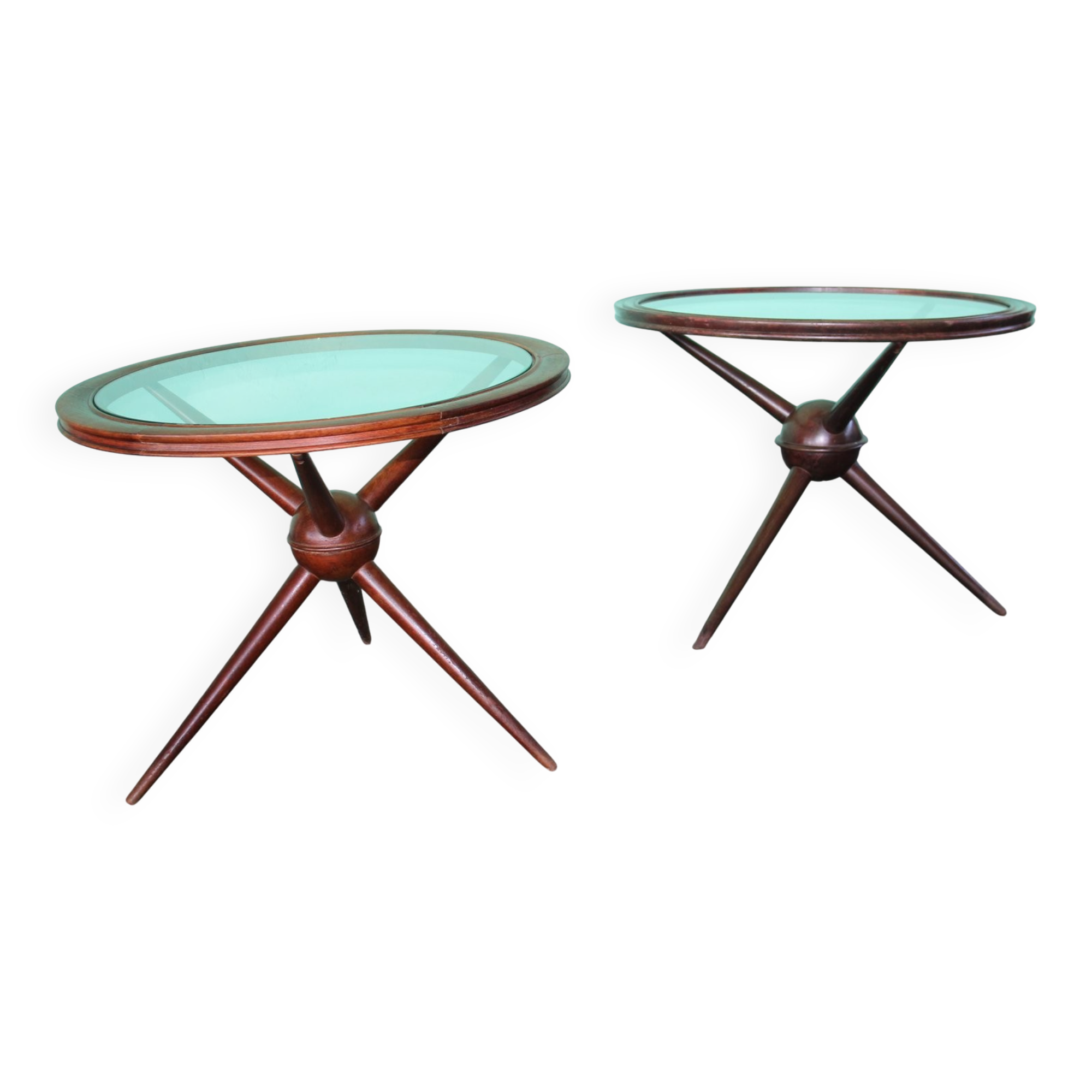 Set of Round Sputnik Coffee Tables in Wood and Glass, Set of 2