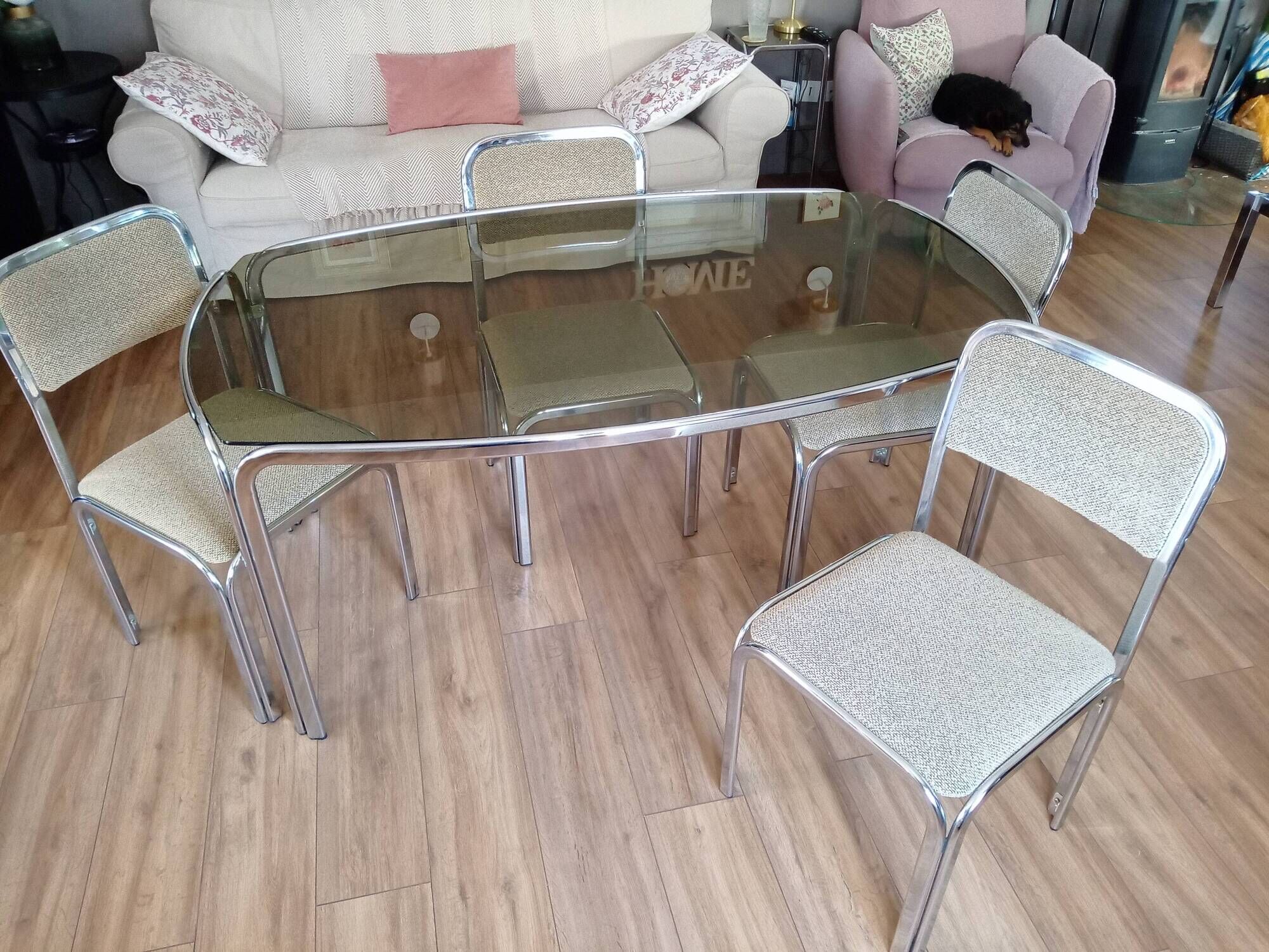 Table and 4 70s chairs chrome base and smoked glass tray chairs green water fabric