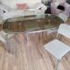Table and 4 70s chairs chrome base and smoked glass tray chairs green water fabric