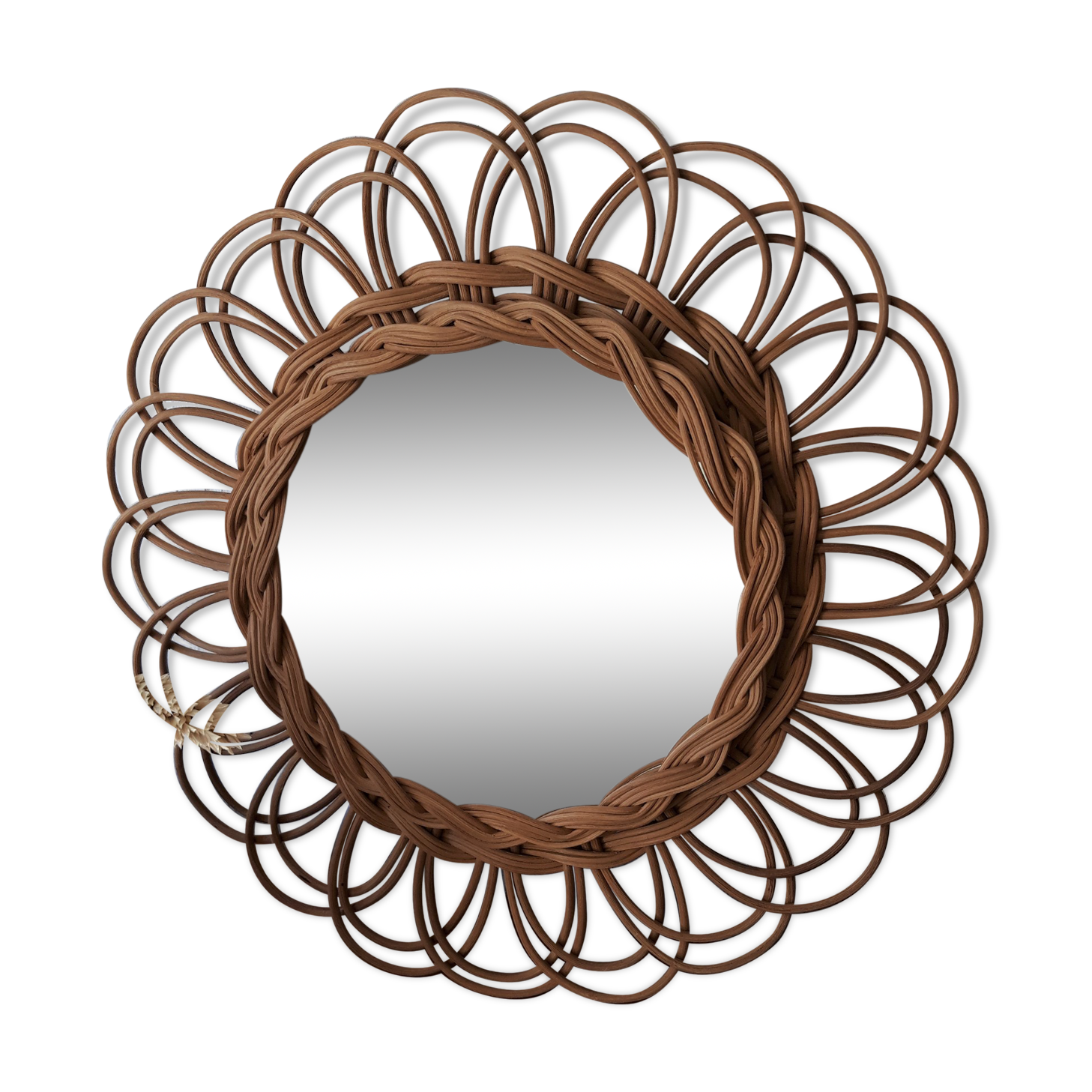 Mirror vintage wicker rattan shape flower 1960 Diameter 37cm