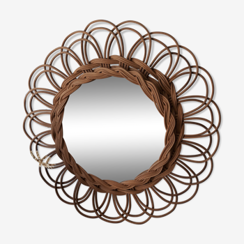 Mirror vintage wicker rattan shape flower 1960 Diameter 37cm