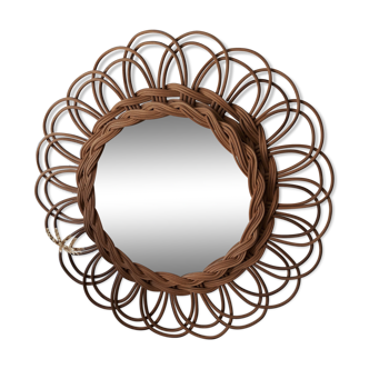 Mirror vintage wicker rattan shape flower 1960 Diameter 37cm