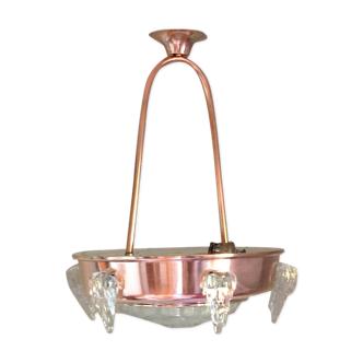 Suspension Ezan en cuivre rouge et verre opalescent  style art deco / années 30-40