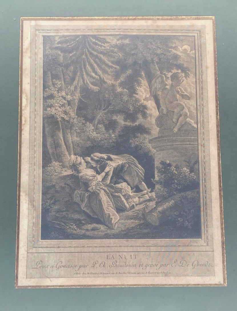 Old engraving, night, gallant scene - golden frame