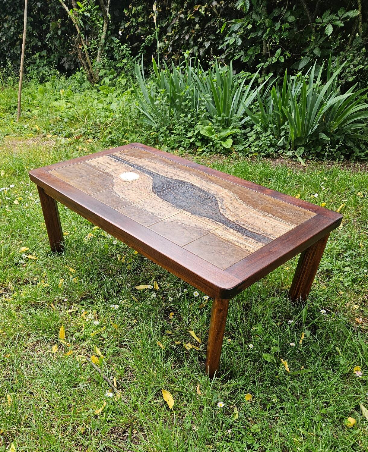 Brutalist coffee table in wood and ceramic by Jean d'Asti, Vallauris, 1960s-70s