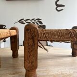 Stool in carved wood and rope from the 70s