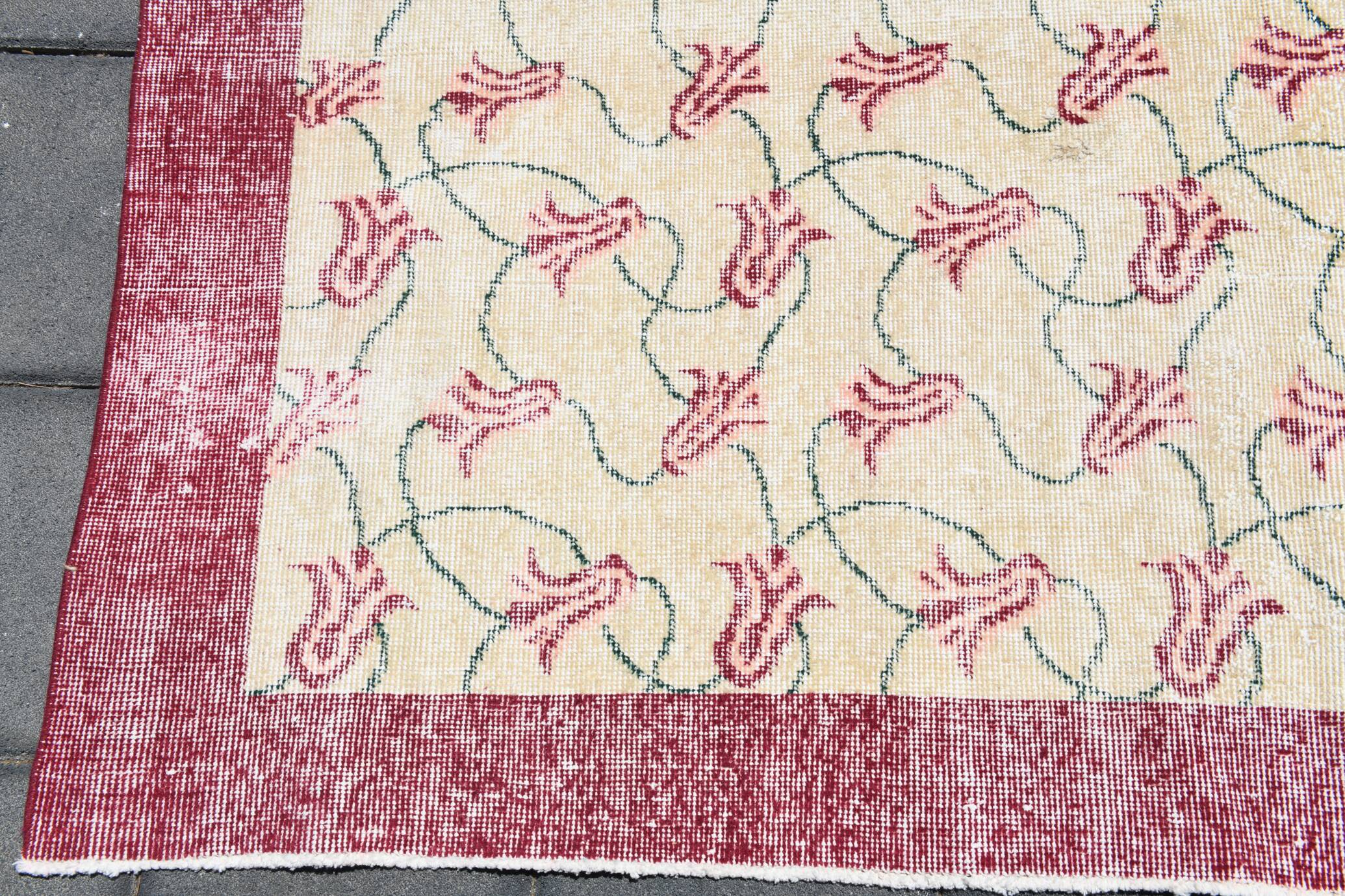 Beige & Burgundy Bordered  Floral Turkish Rug, Neutral Wool Rug, 194x290 Cm