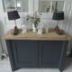 Small low Parisian sideboard re-enchanted in slate gray, medium oak waxed top.