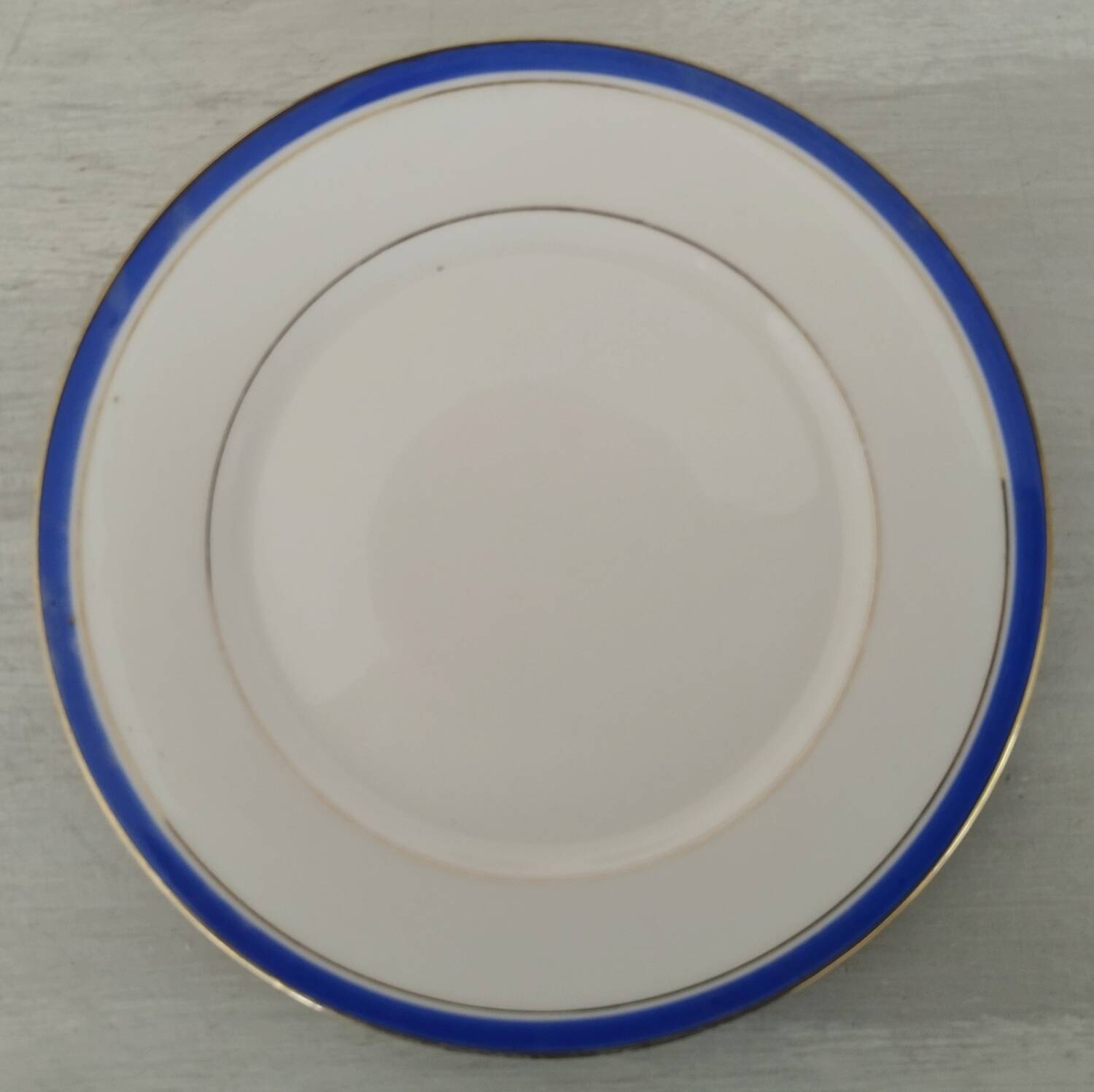 White Porcelain Cheesecake Dessert Plates with Blue Border and Gold Fillet