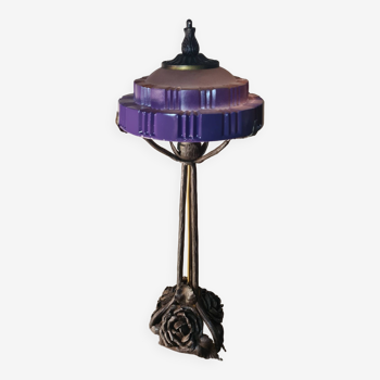 Wrought iron and molded glass lamp - rose decoration - circa 1900