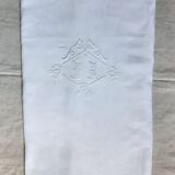 Fine linen sheet with ribbon and florets, monogrammed mr