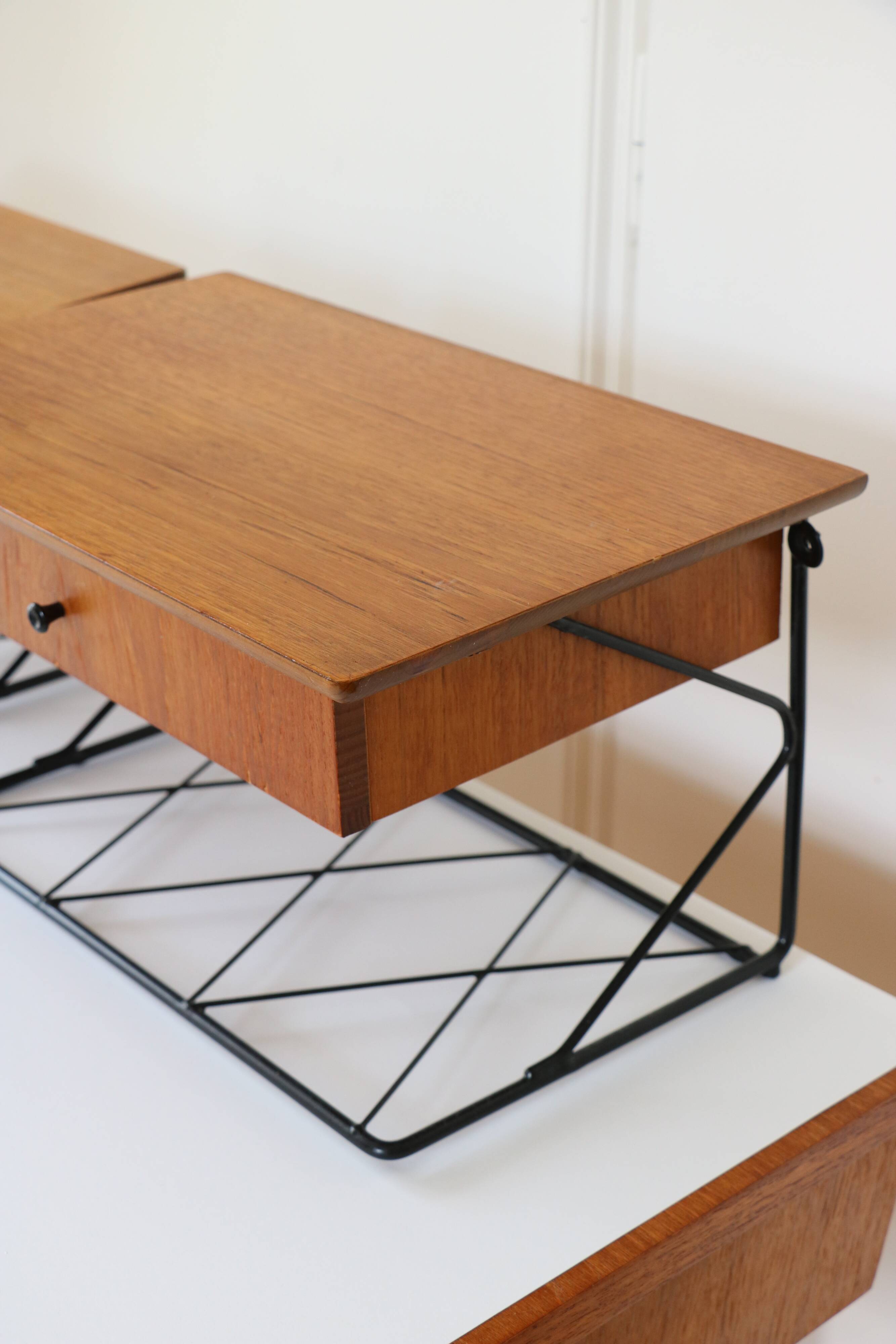 Pair of "string" wall-mounted bedside tables, Scandinavian, 1960.