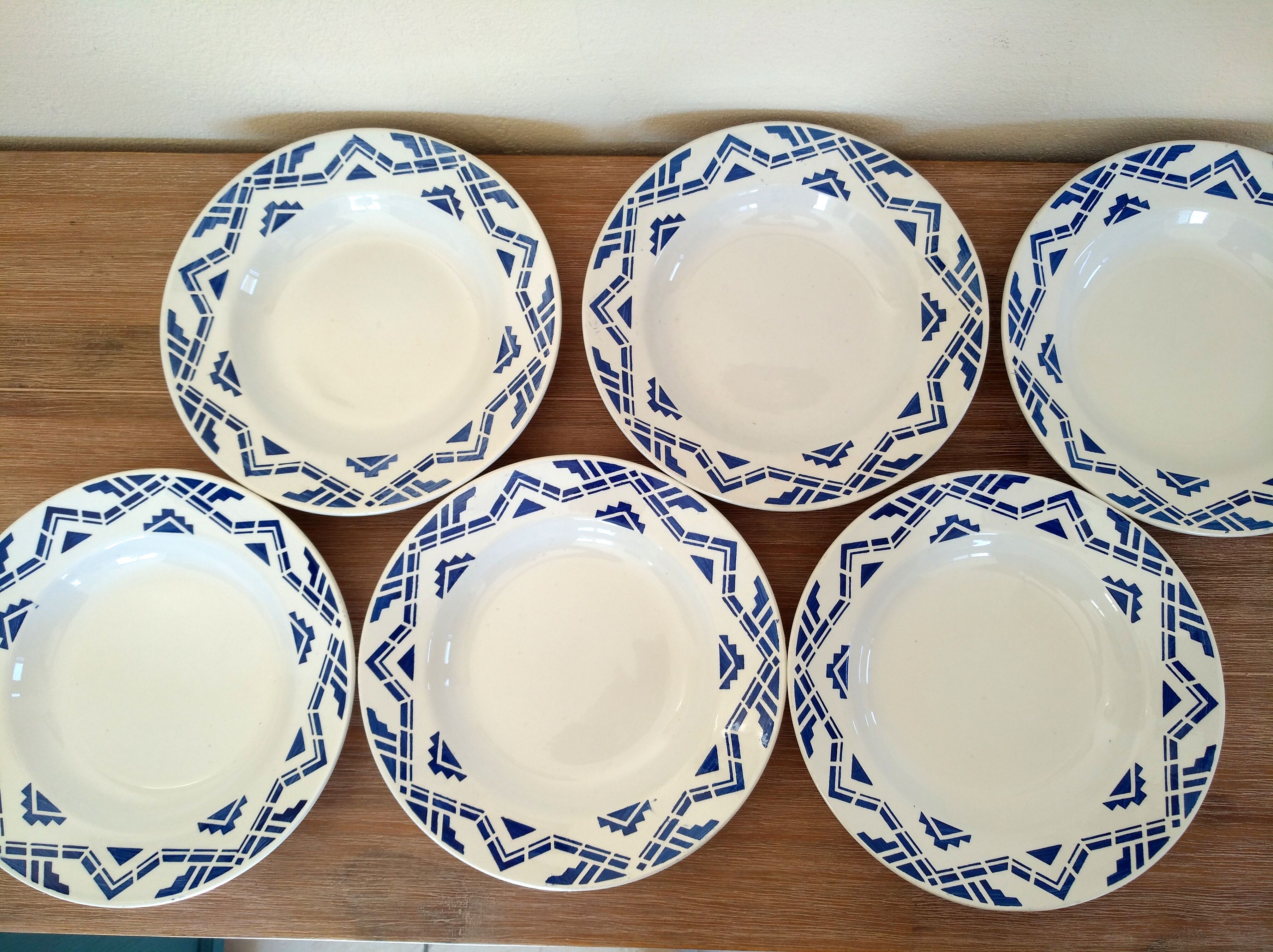 Ensemble 6 assiettes creuses Moulin des Loups motif graphique bleu