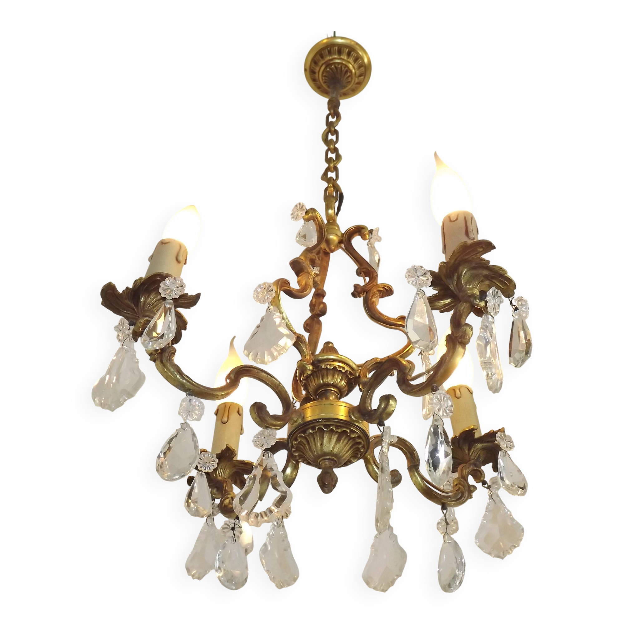 French Antique Art Nouveau 4 Light 3 Side Brass Crystal Cage Chandelier