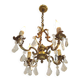 French Antique Art Nouveau 4 Light 3 Side Brass Crystal Cage Chandelier