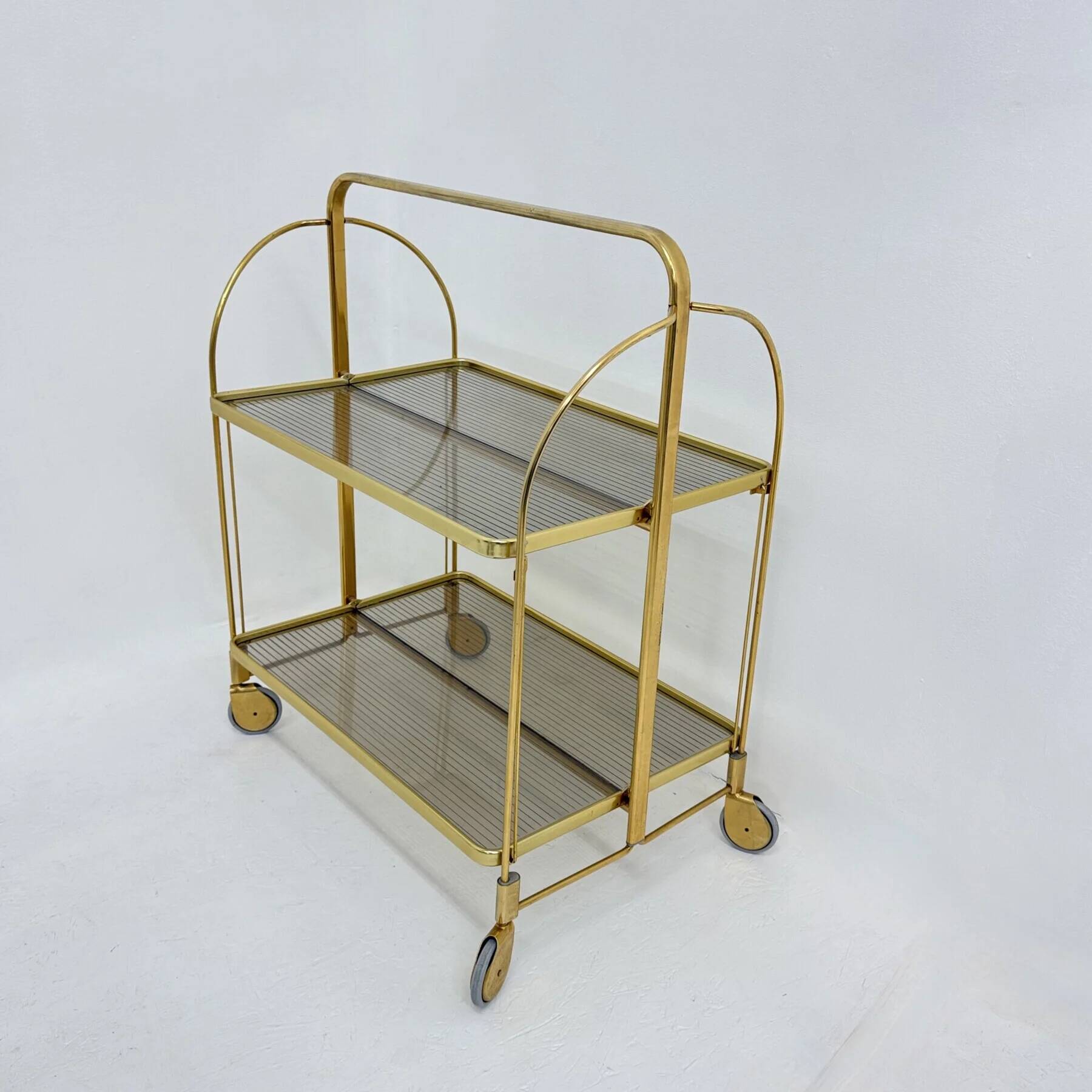 Mid-century modern folding bar cart in brass and ribbed acrylic glass, 1970s