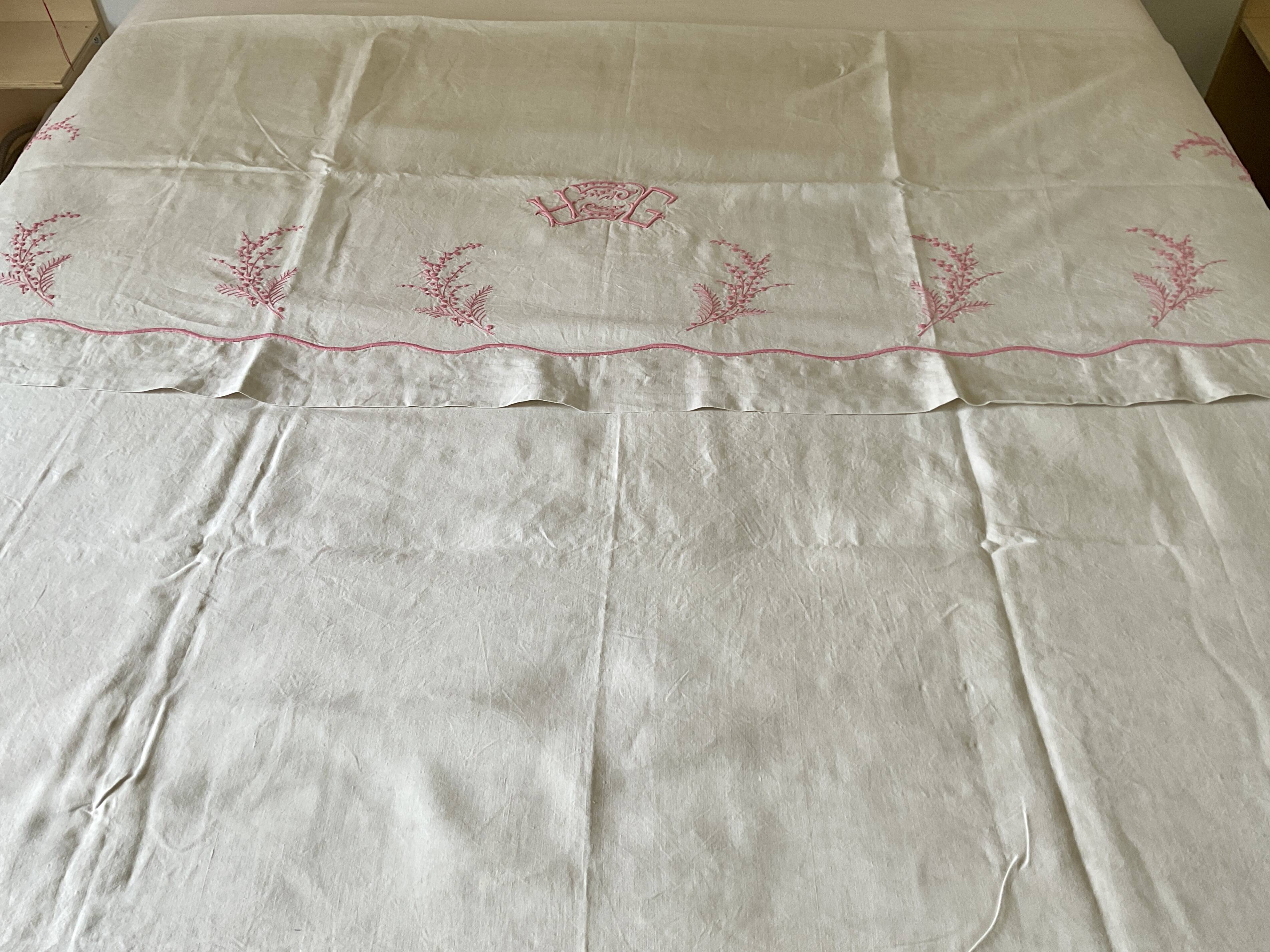 Antique linen sheet with hand-embroidered HG monogram