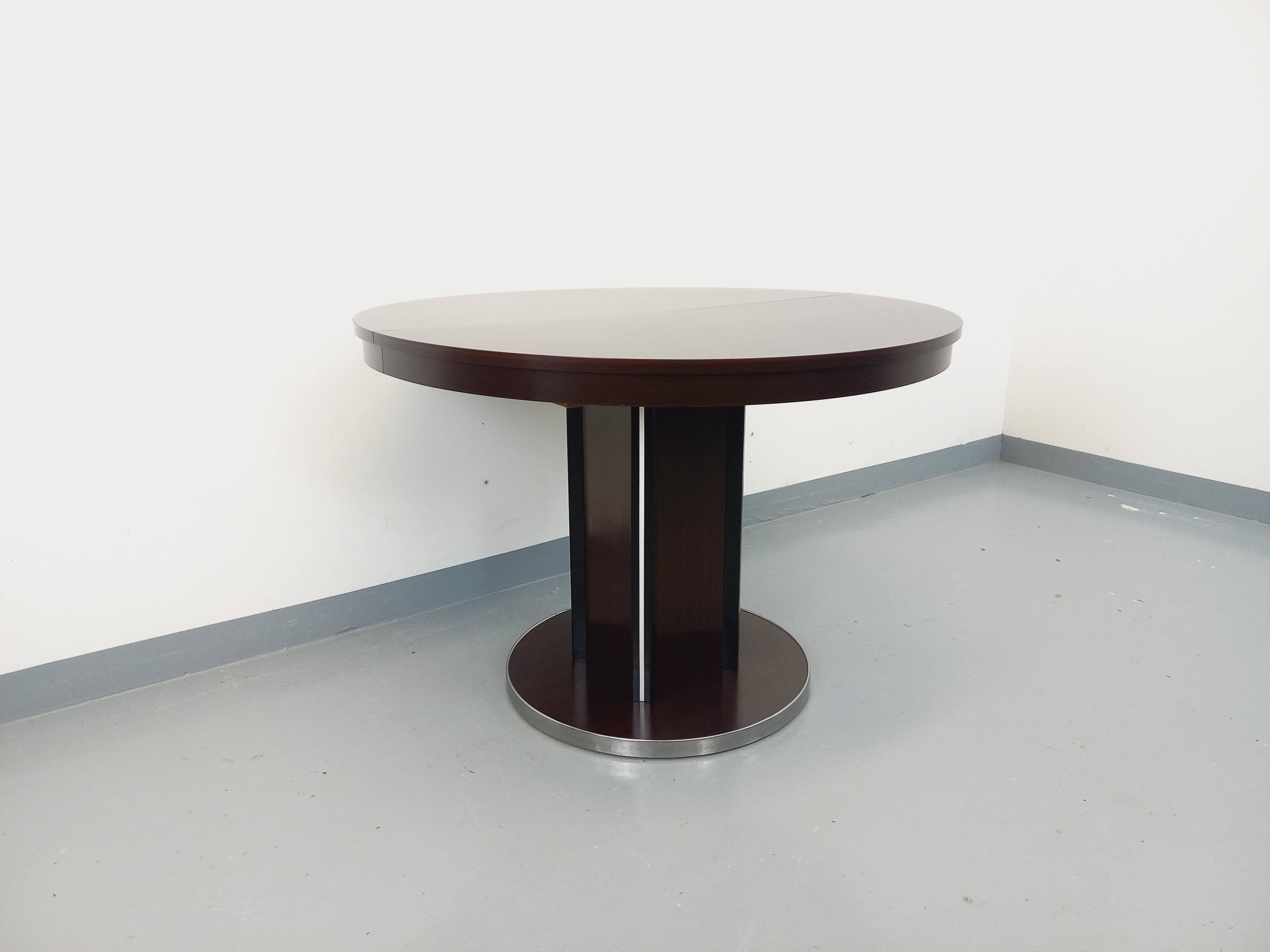 Table ronde de repas vintage en bois d’ébène et métal chromé Space Age