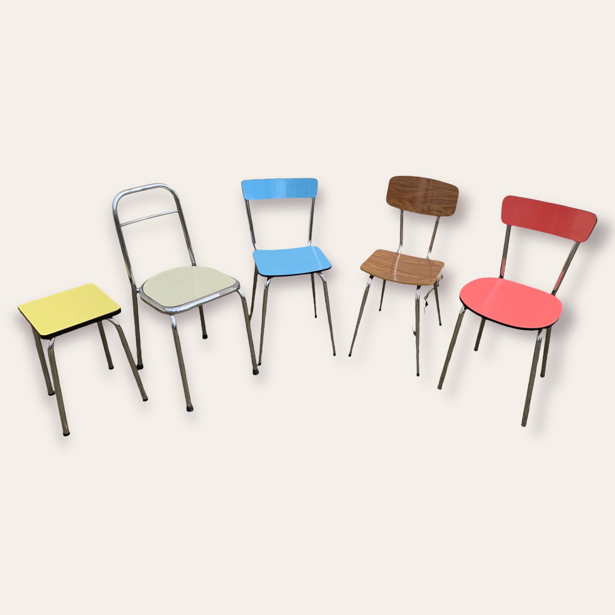 Mismatched formica chairs and stool 1960