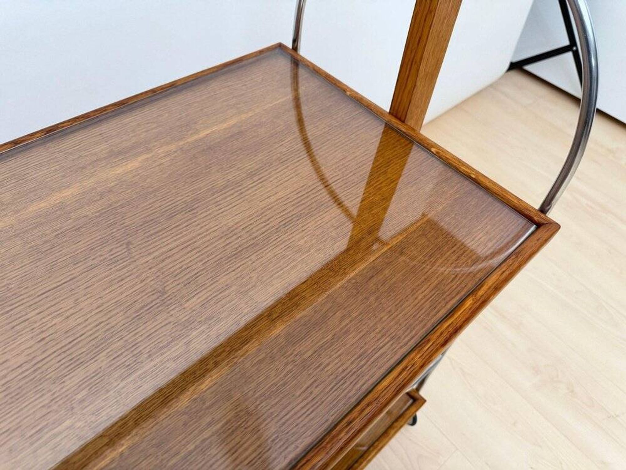 Art Deco serving trolley in oak, chrome & glass, France, 1930