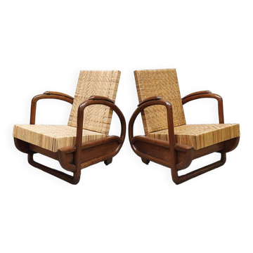 2 fauteuils en rotin tressé, Art Déco