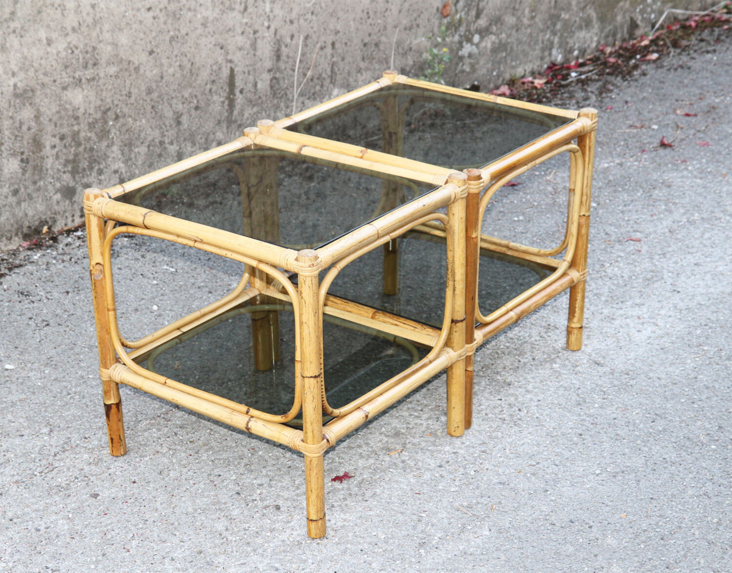 Pair of bamboo and smoked glass vintage bedside tables