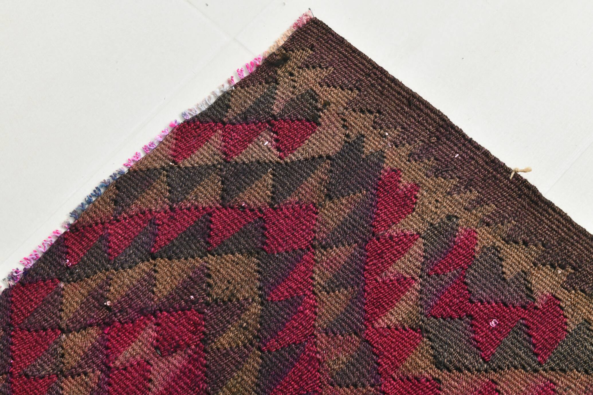 Burgundy Geometric Tribal Kilim Runner Rug, 80x342Cm