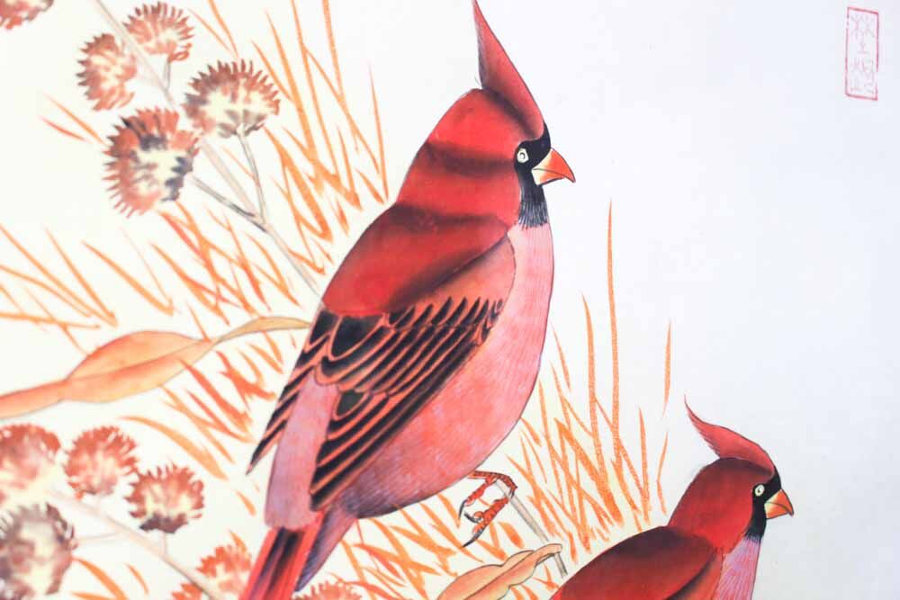 Antique asian painting on rice paper in high quality wood frames, c 1910s