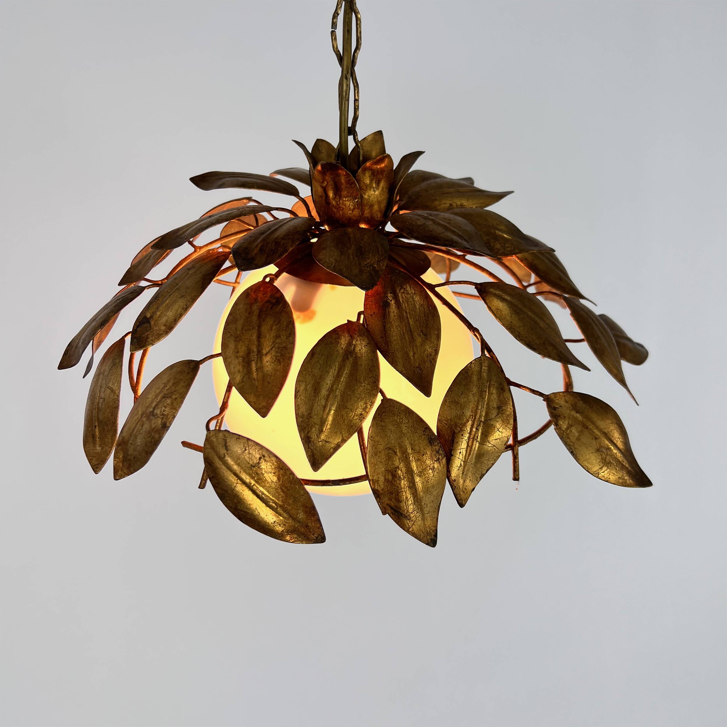 Vintage florentine gold pendant lamp with opaline glass bulb, 1960s