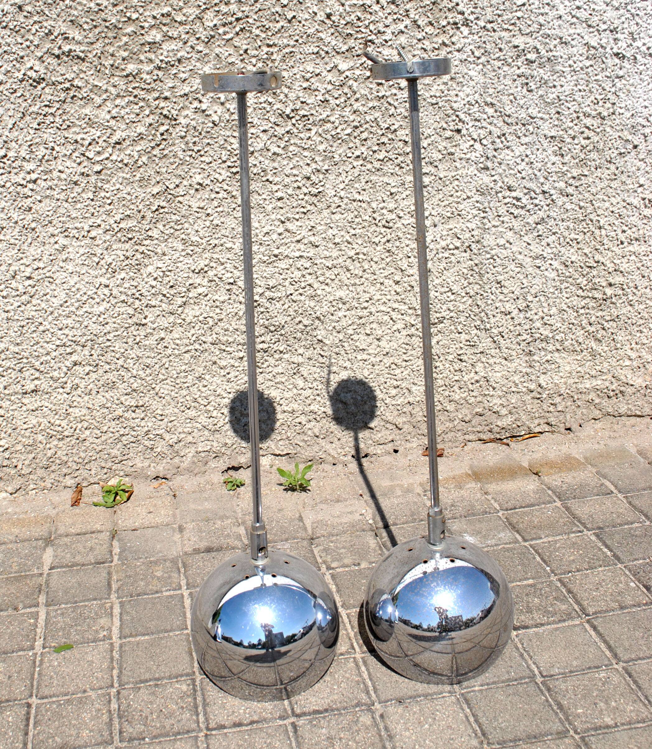 Set of 2 design ball lamps in chromed metal industrial pendant lights 1970