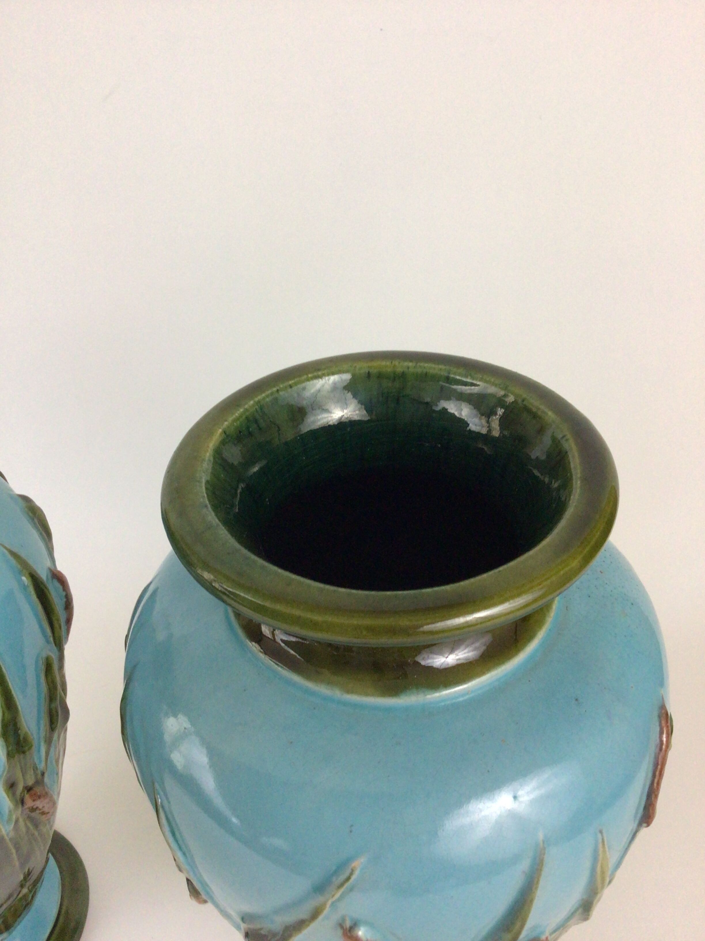 Pair of enamelled ceramic vases Barbotine Art Nouveau