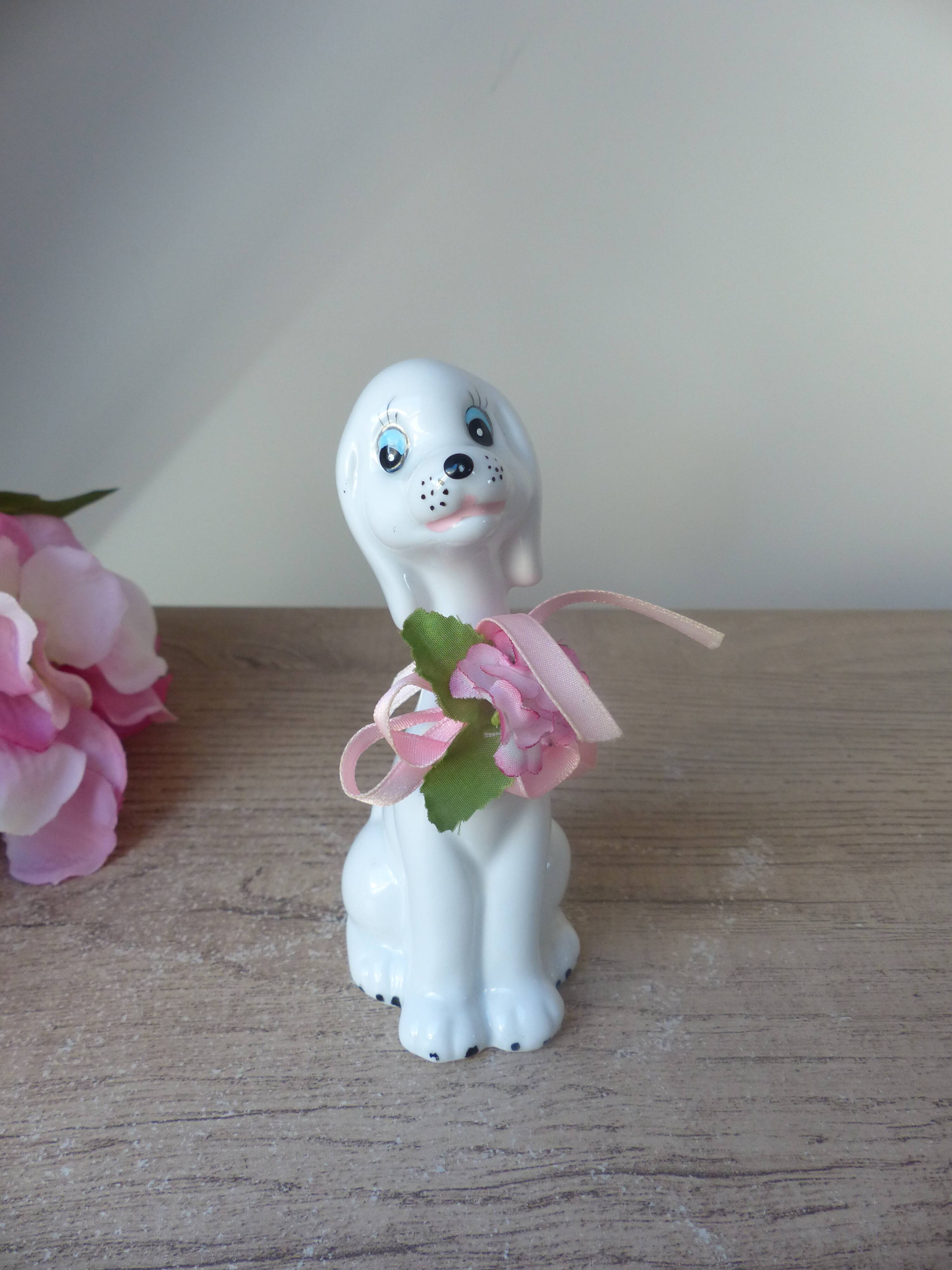 Vintage Small Romantic Ceramic Dog Figurine with Pink Flower Fabric Ribbon