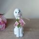 Vintage Small Romantic Ceramic Dog Figurine with Pink Flower Fabric Ribbon