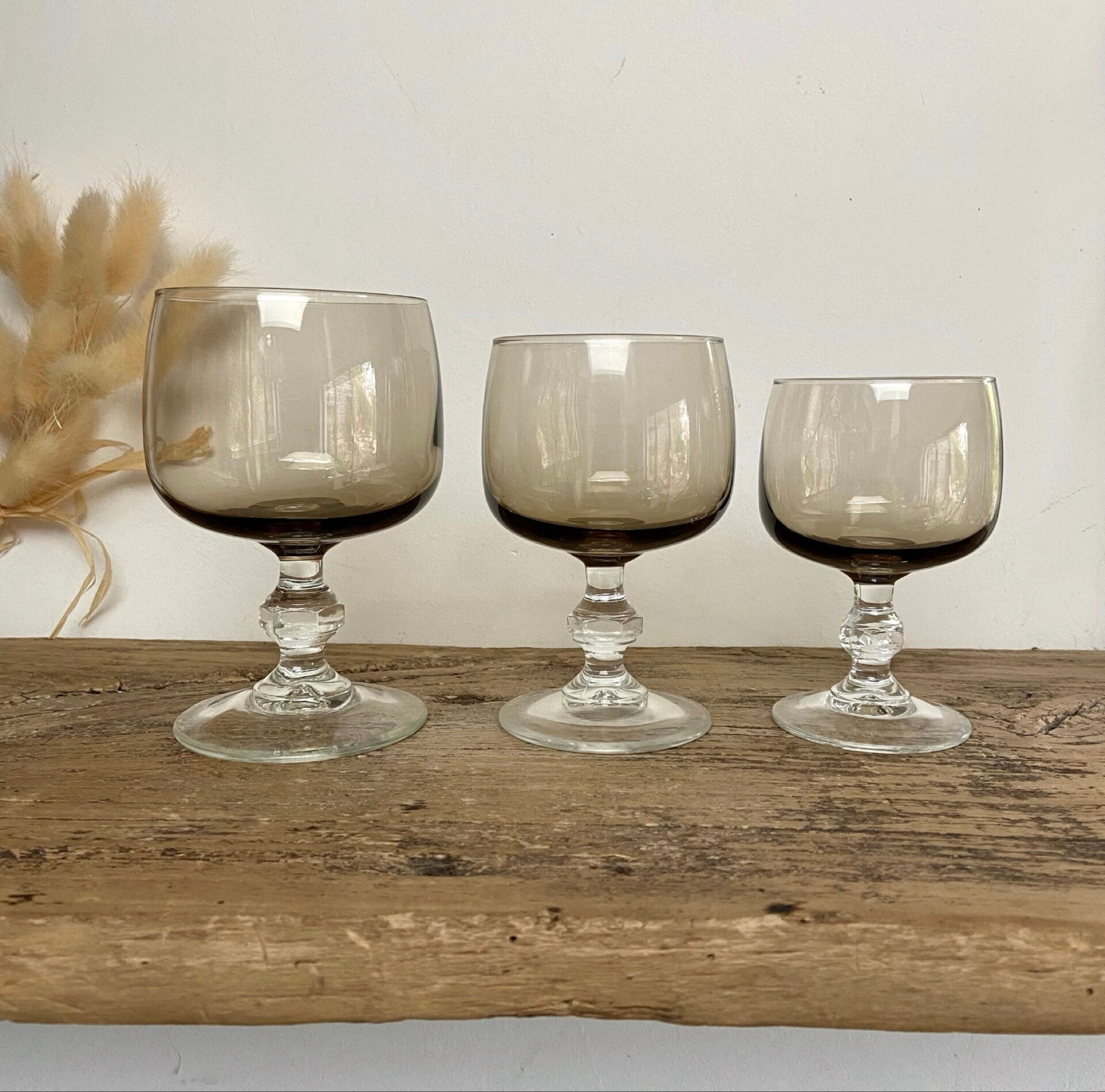 6 vintage smoked stemmed glasses