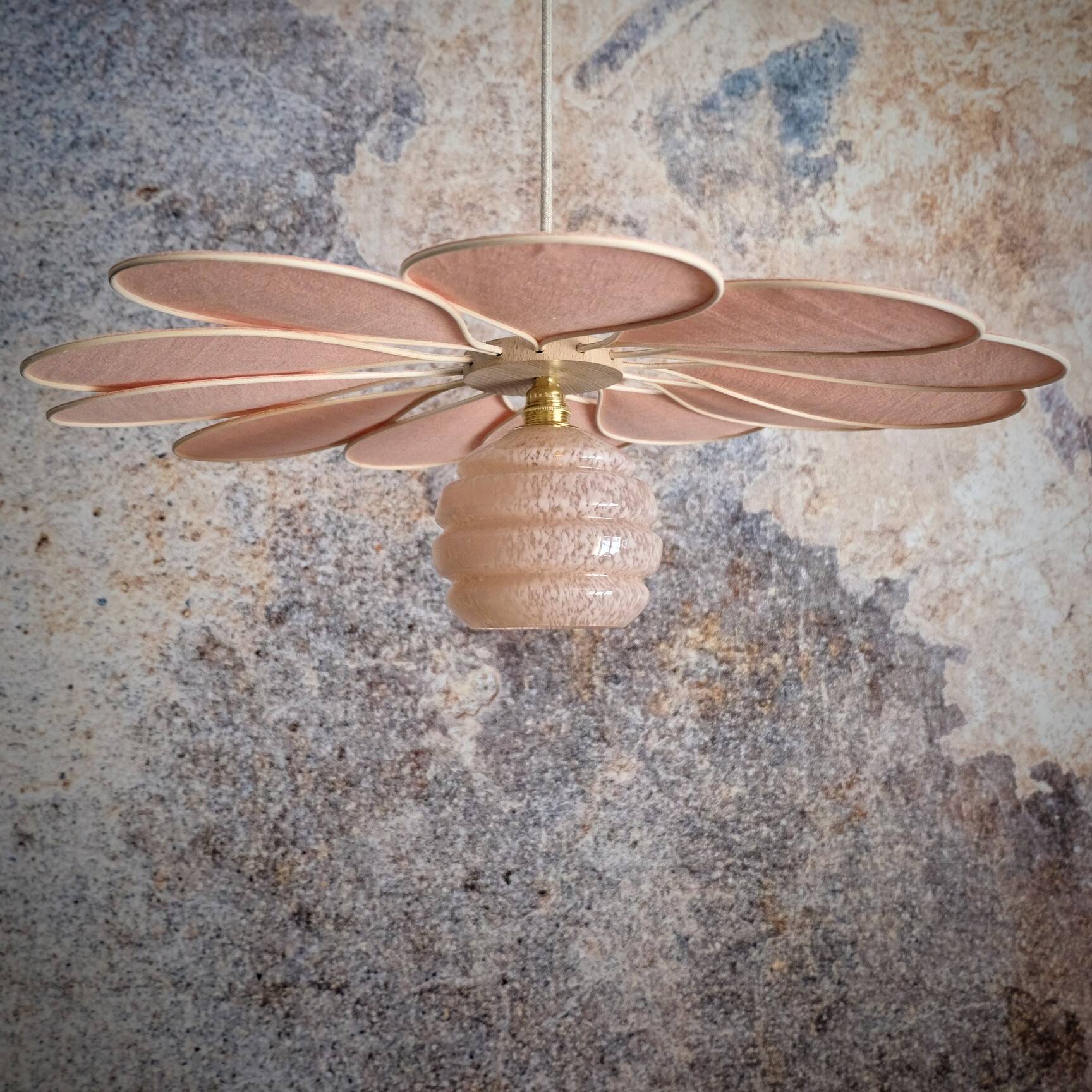 Rattan and Pink Linen Flower Pendant Light and Vintage Clichy Glass Globe