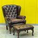 Dark Brown leather chesterfield wing chair with Ottoman