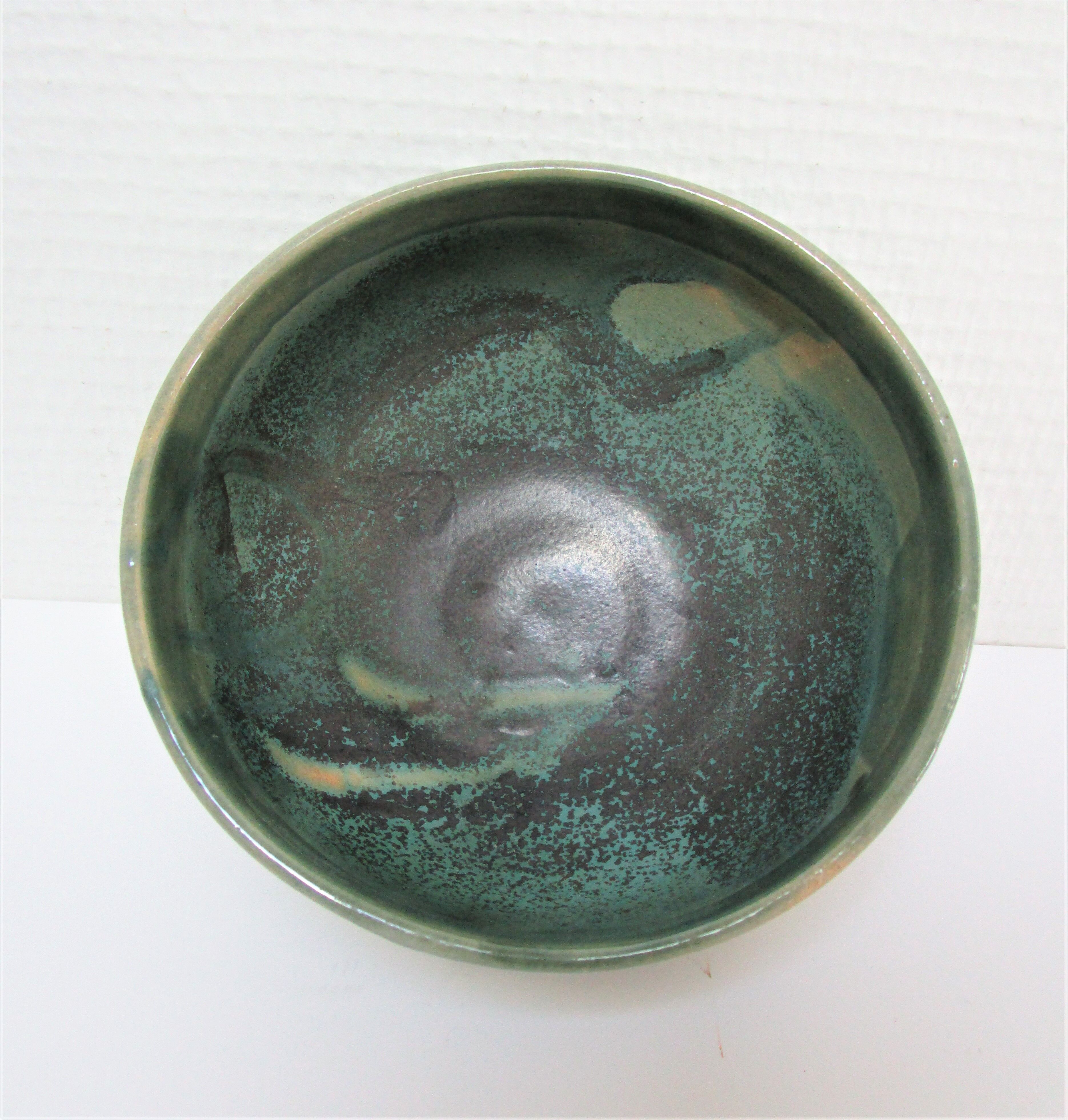 Bowl and round ceramic dish enamelled blue green brown vintage signed vintage