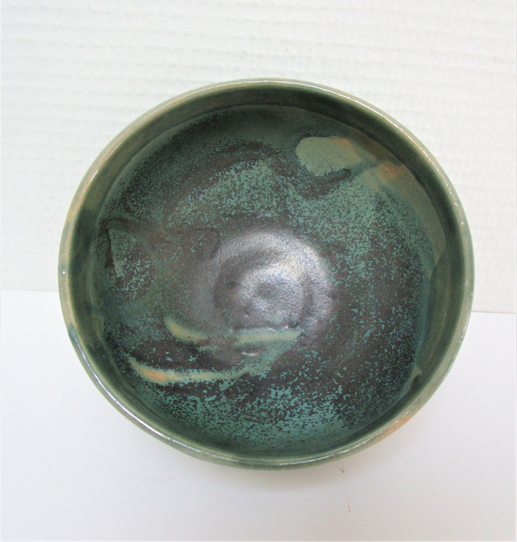Bowl and round ceramic dish enamelled blue green brown vintage signed vintage