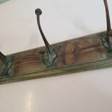 Wooden school coat rack with cast iron hooks