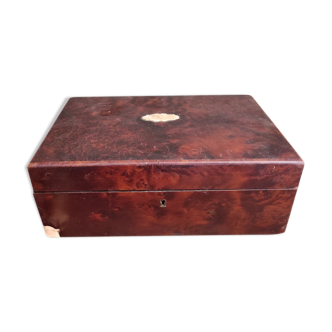 Antique French jewelry box, in root wood, lined in silk