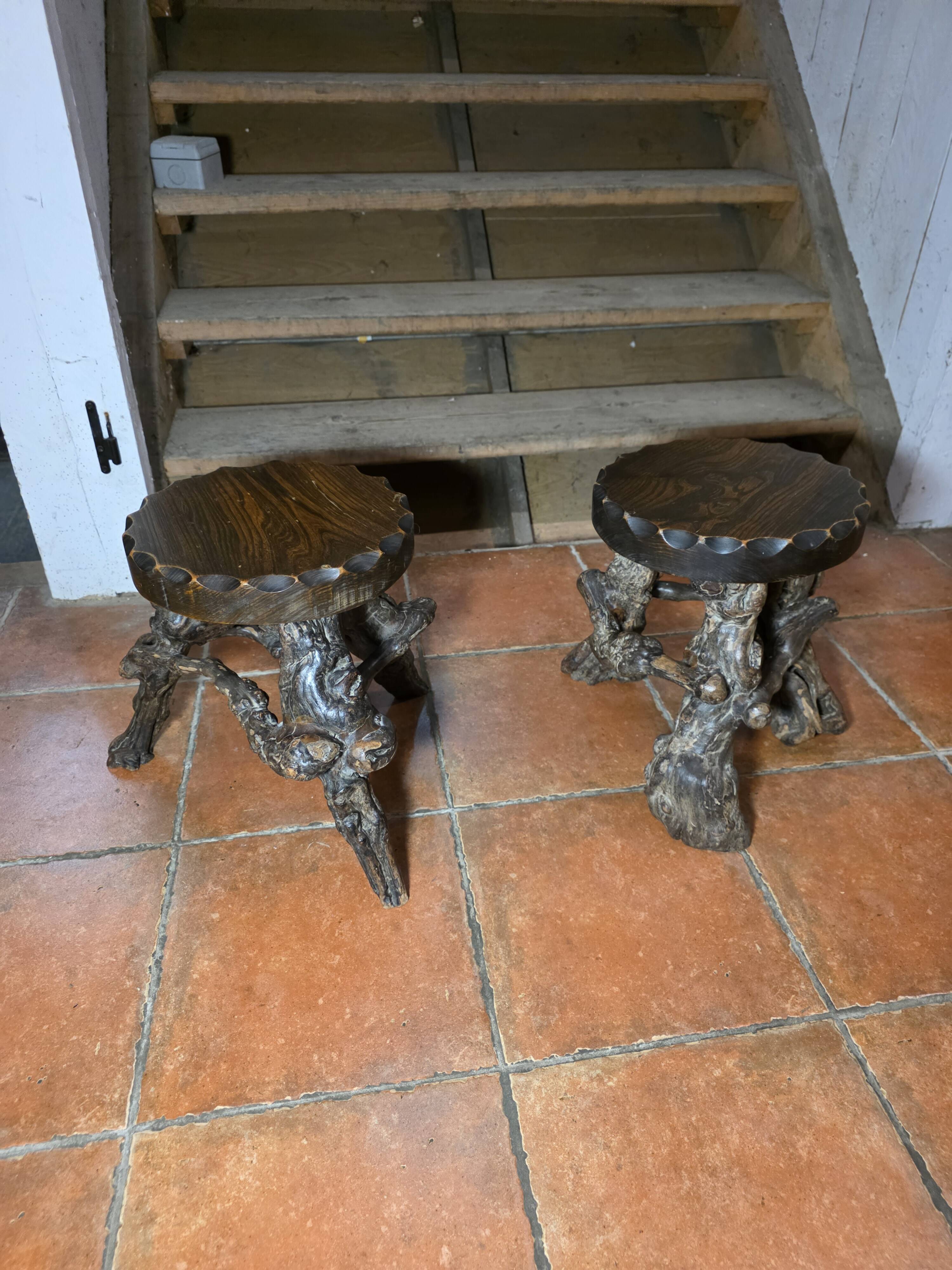 Pair of tripod stools with vine legs, oak top.