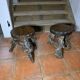 Pair of tripod stools with vine legs, oak top.
