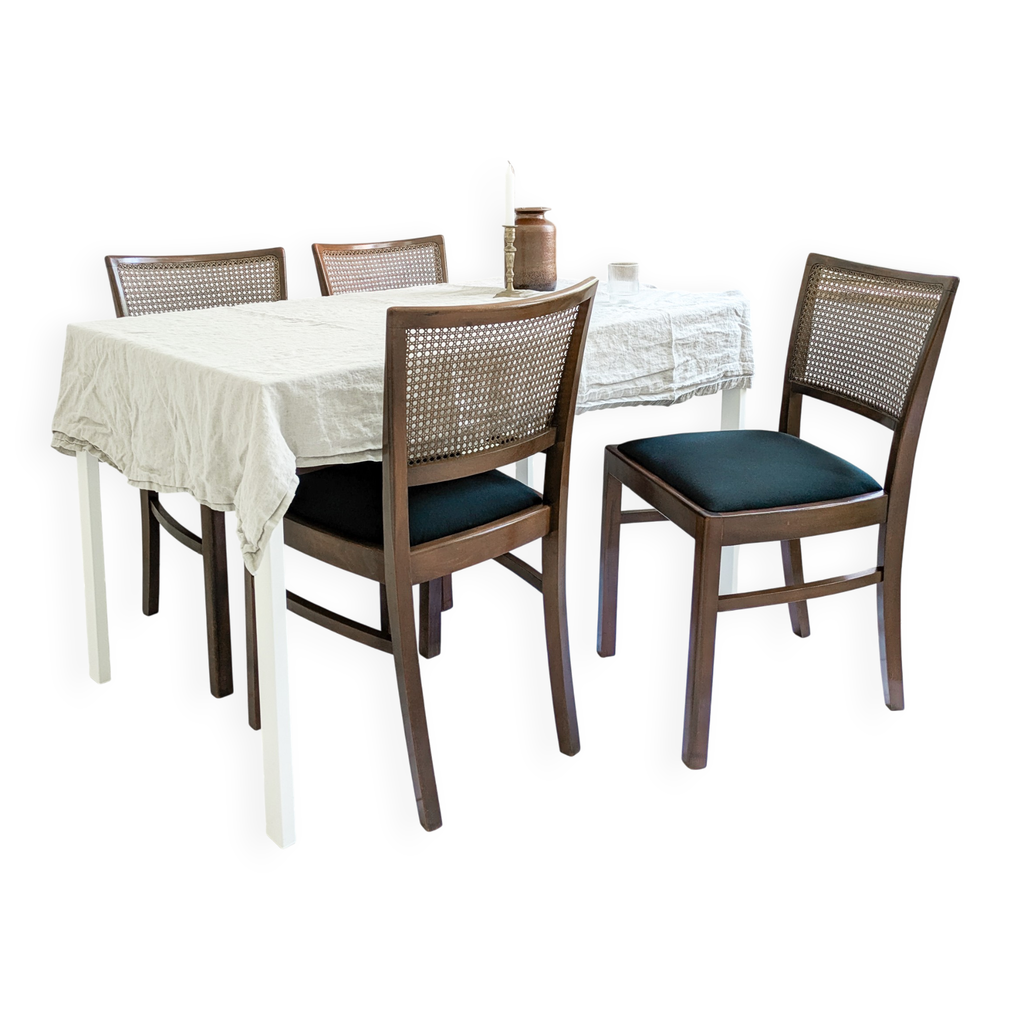 Lot de 4 chaises vintage en bois, cannage viennois et assise noire