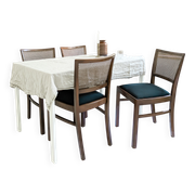 Lot de 4 chaises vintage en bois, cannage viennois et assise noire