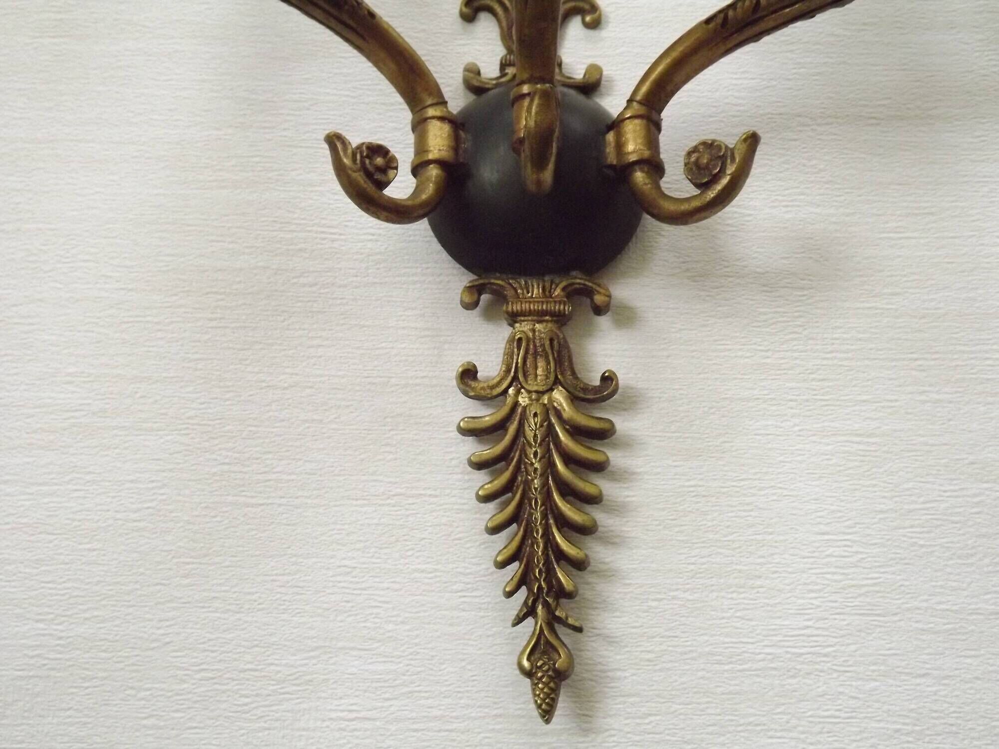 Set of 3 Bronze French Empire Style Triple Light Wall Sconces Neoclassical