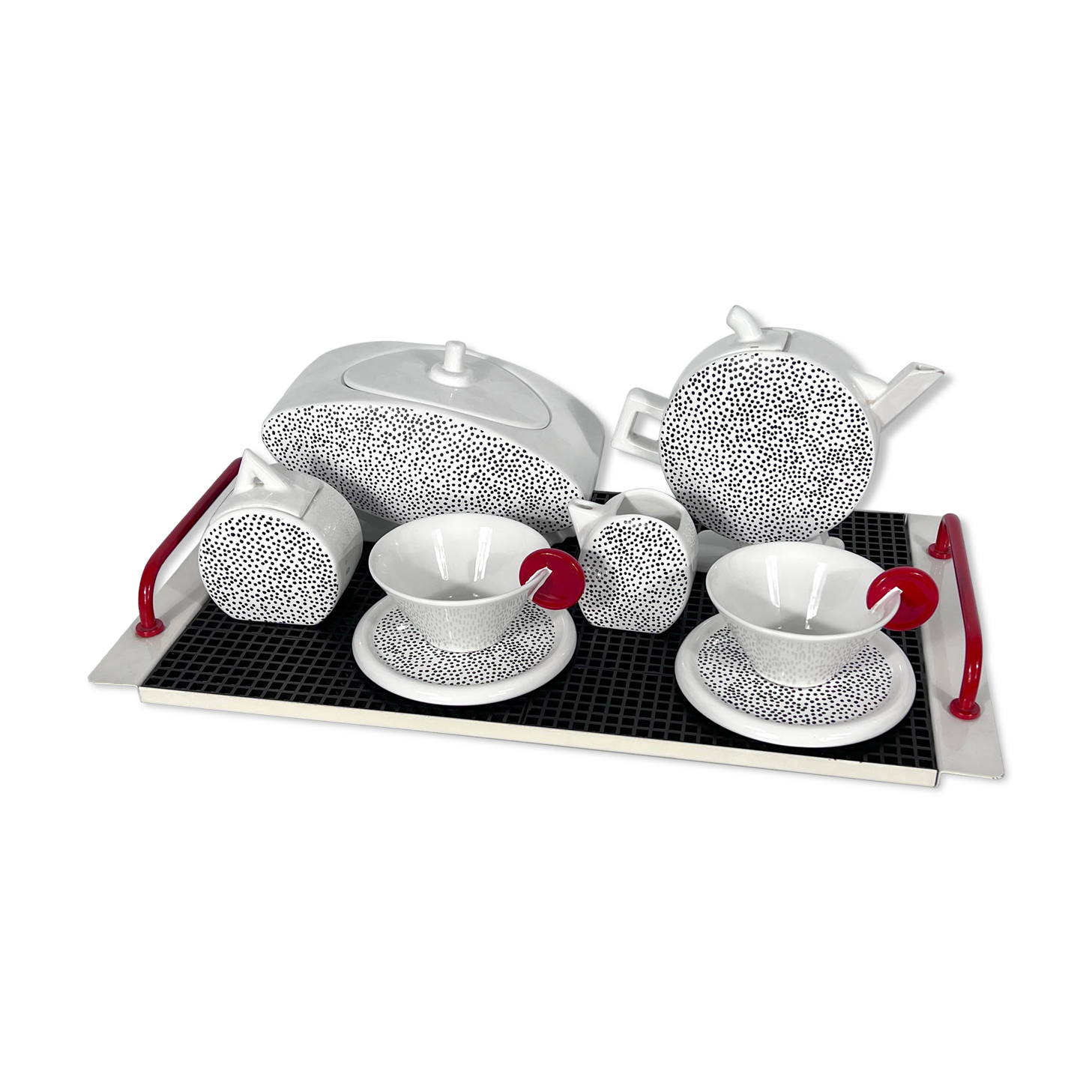 Ceramic tea set by Mas in the Memphis Milano style, 1980s, Set of 7