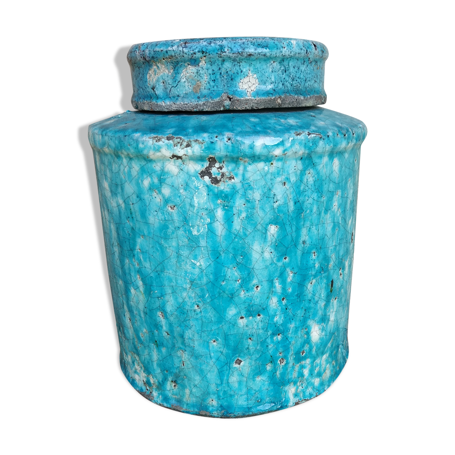 Large tea box in turquoise blue Raku pottery