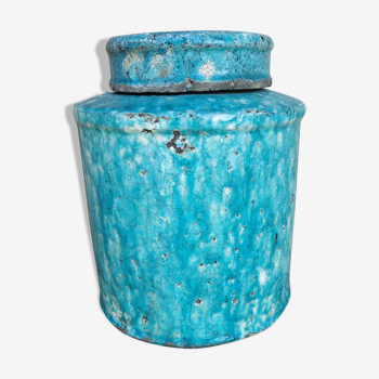 Large tea box in turquoise blue Raku pottery