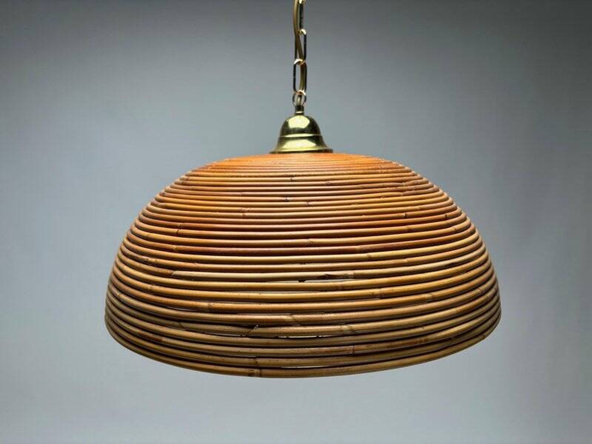 Italian Gilt Brass Rattan Bamboo Wicker Pendant, 1970s